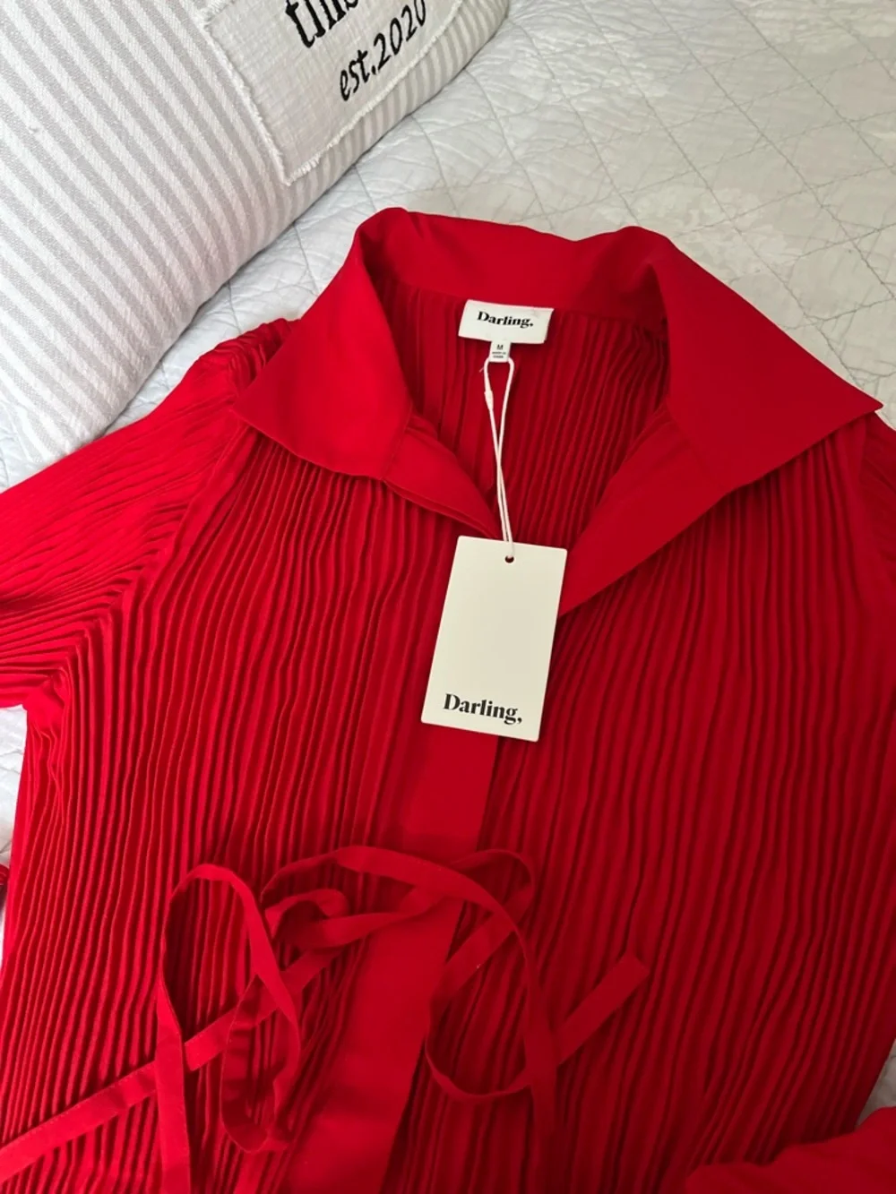 Darling Red Pleated Long-Sleeve Shirt Dress Maxi size M - Picture 2 of 3